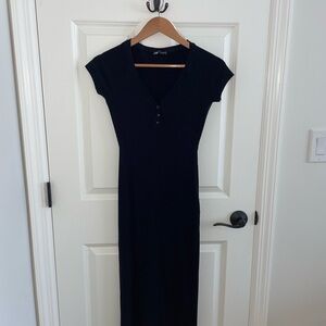 Zara Black Bodycon Midi Dress V-Neck Cap Sleeve
